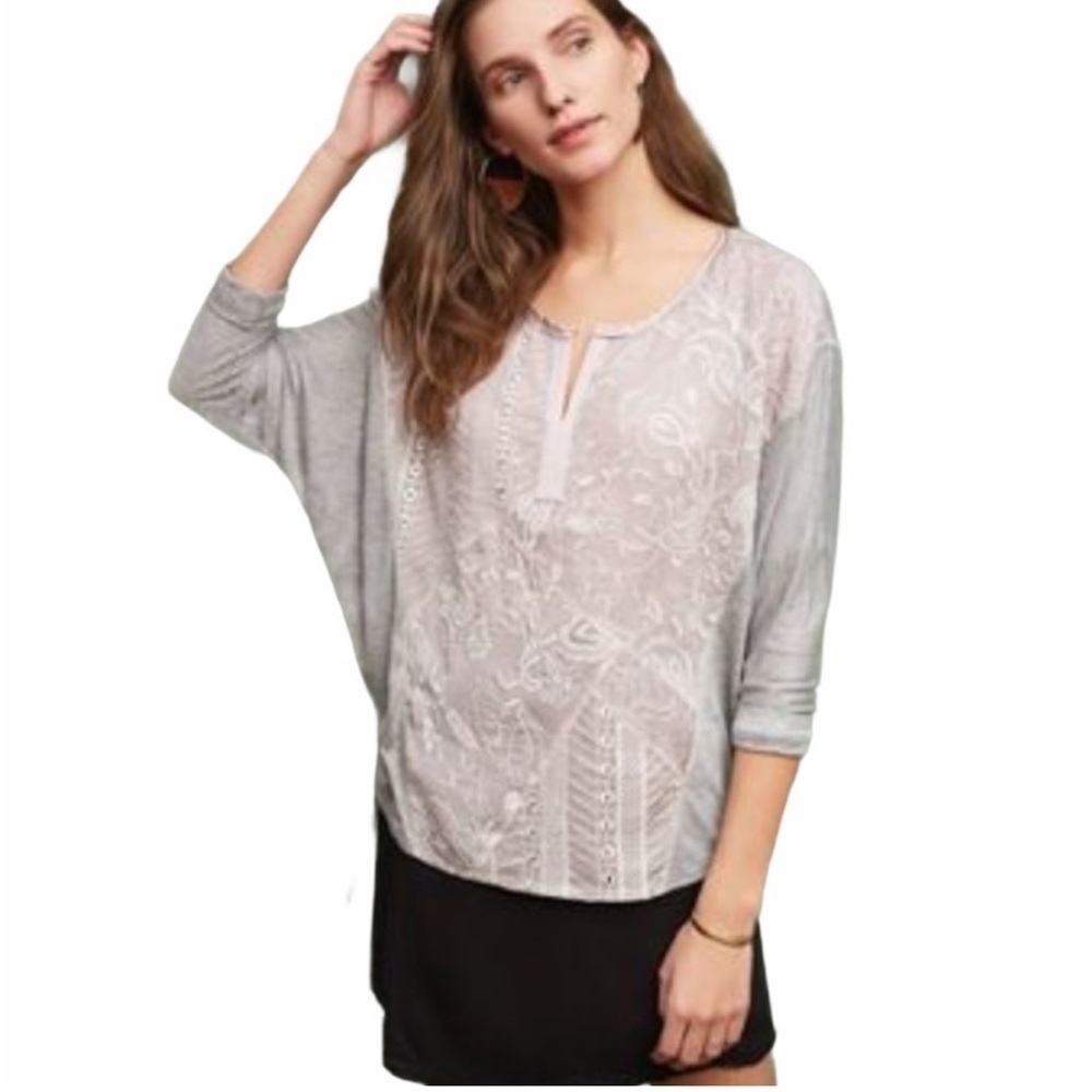 Anthropologie Tiny Floral Embroidered Dolman Sleeve Relaxed Shirt Grey Large
